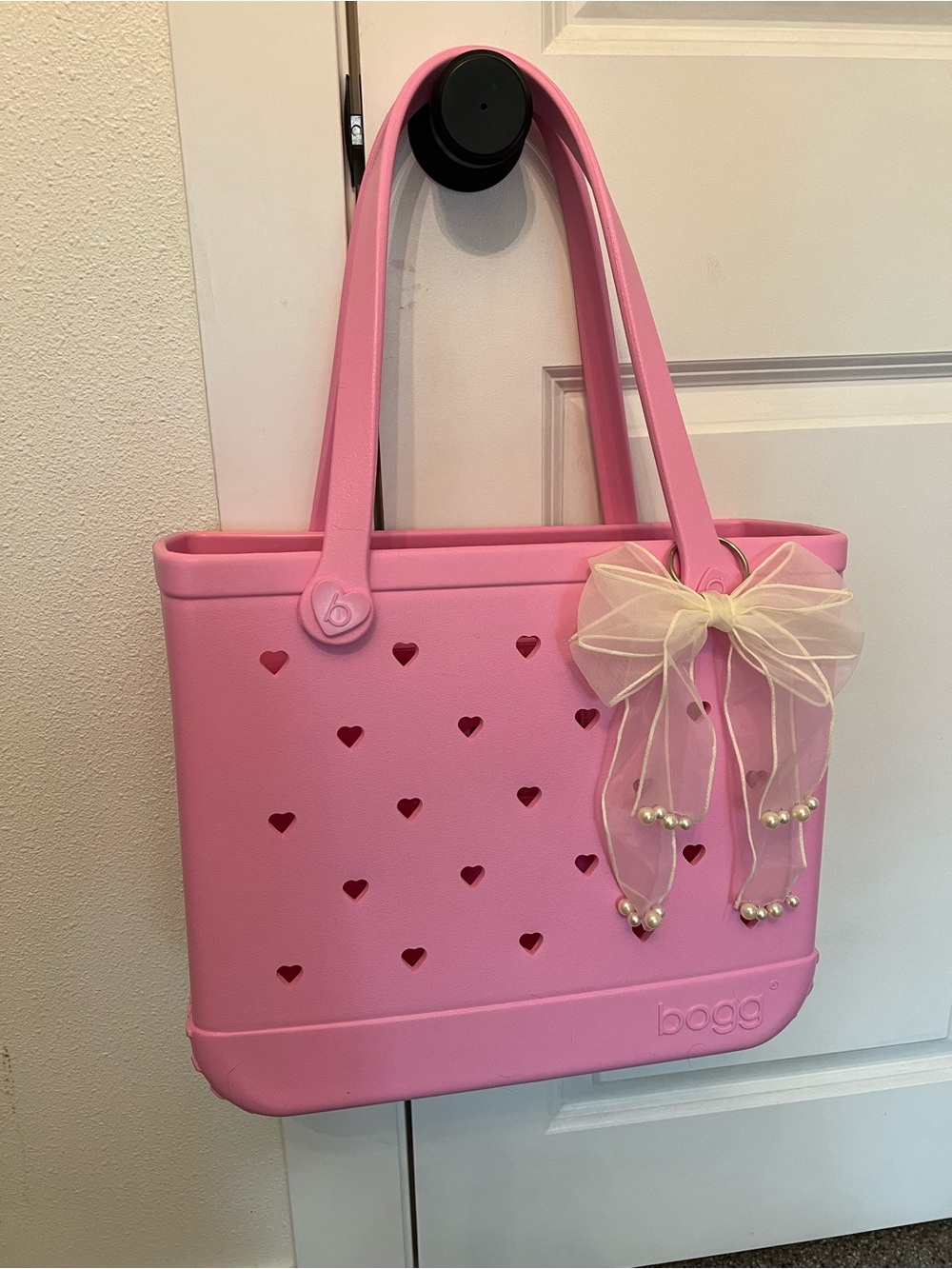 BOGG BAG Pink Taffy Cut Out Hearts Tote with Sheer Bow and Pearl Accents💕